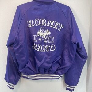 Vintage Satin Bomber Jacket Men's M L Purple Hornet Band Graphic Varsity Y2K